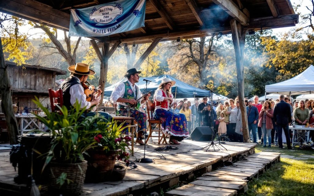 une-performance-de-violon-a-roue-traditionnelle-lors-dun-festival-en-plein-air-avec-des-artistes-en-tenue-traditionnelle-sur-une-scene-en-bois-sous-un-soleil-chaleureux-et-une-ambiance-vivant