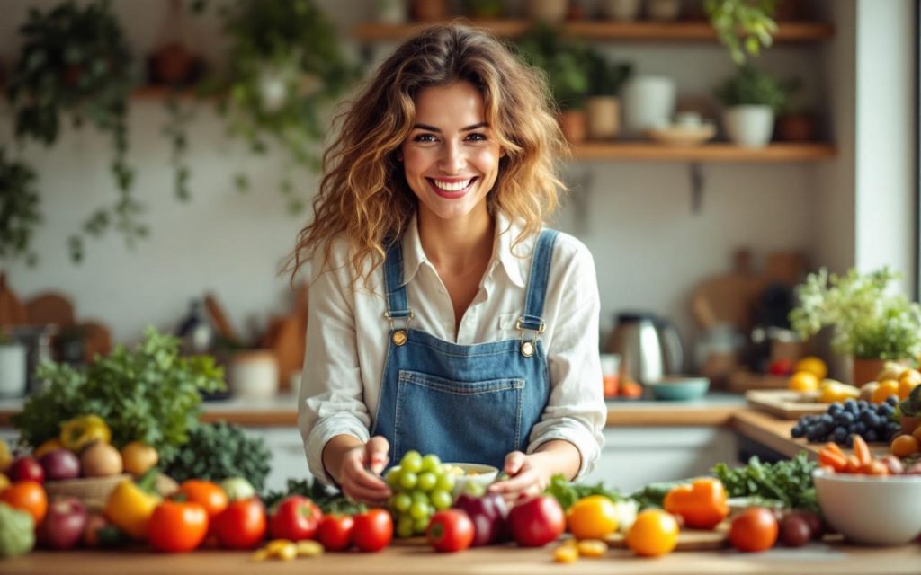 Une femme souriante présentant des aliments sains, entourée de fruits et légumes frais dans une cuisine chaleureuse.