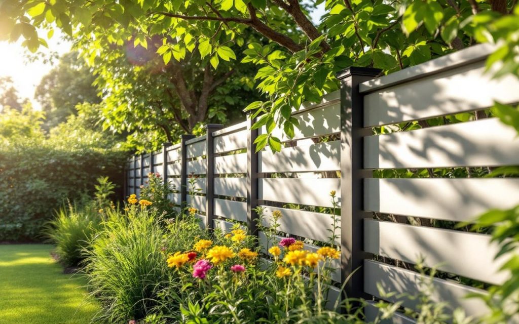 Une clôture de jardin moderne en lattes d'aluminium, entourée d'une verdure luxuriante, baignée de lumière douce filtrant à travers les arbres.