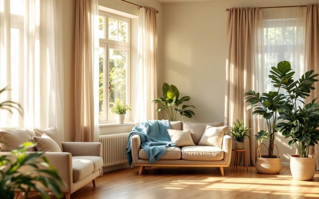 Salon lumineux avec deux fenêtres opposées laissant entrer un courant d'air traversant, rideaux flottants, rayons de soleil volumétriques, canapé, plantes et sol en bois créant une ambiance naturelle et aérée.