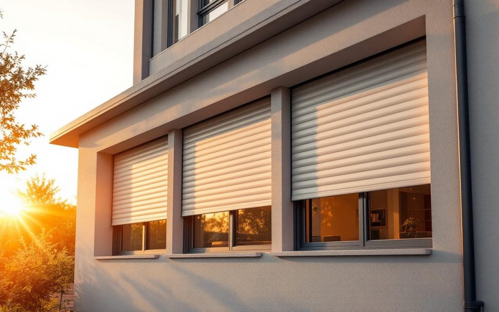 Volets roulants modernes fermés sur les fenêtres du rez-de-chaussée d'une maison, lumière douce du coucher de soleil, textures réalistes et ombres subtiles