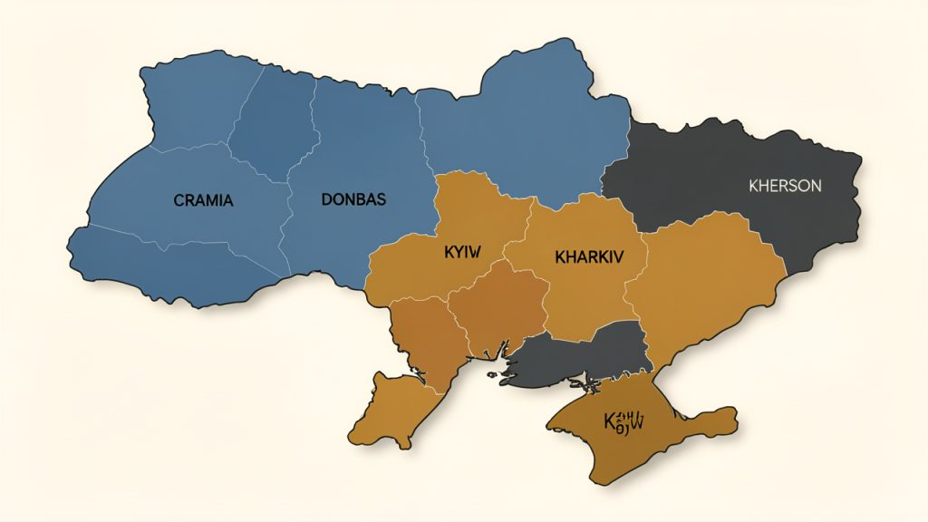 Carte éditoriale sobre de l’Ukraine présentant ses contours et plusieurs régions mises en évidence, notamment la Crimée, le Donbass, Kiev, Kharkiv et Kherson, sans annotations visibles.