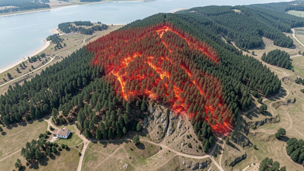 Carte numérique en relief de la Gironde montrant une zone rouge orangée de risque de feu de forêt près d’une maison située au bord d’un massif de pins.