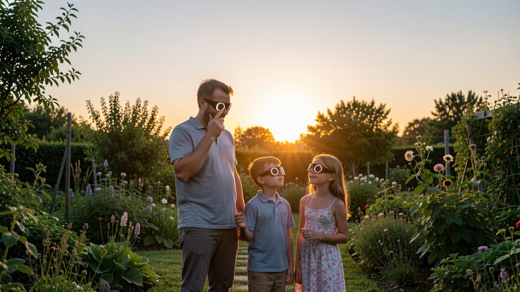 Une famille observe une éclipse solaire partielle dans un jardin, équipée de lunettes de protection, tandis que le Soleil descend vers l’horizon ouest.