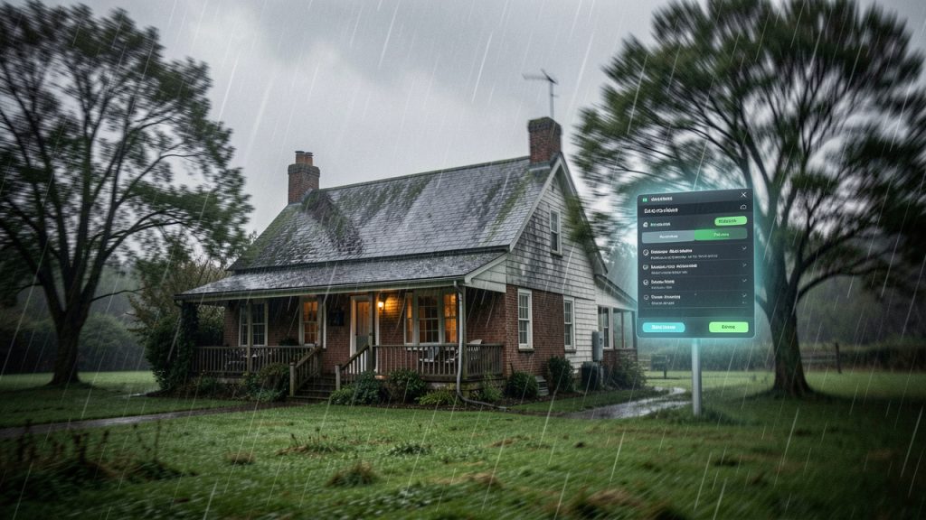 Maison familiale sous une pluie battante et un vent fort, toiture et jardin mouillés, ambiance réaliste avec un écran d’alerte météo flou en arrière-plan.