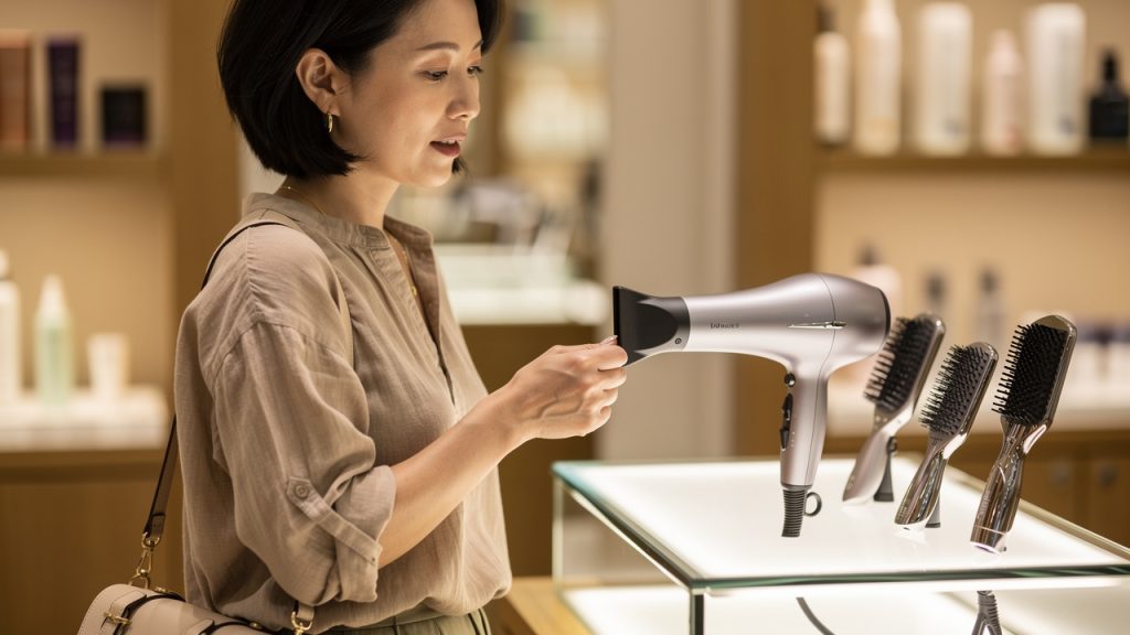 Une femme compare un sèche-cheveux professionnel et plusieurs brosses sur un présentoir lumineux dans une boutique de coiffure spécialisée.