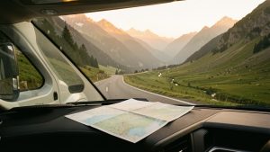 Camping-car moderne sur une route panoramique avec une carte pliée au premier plan, devant un paysage naturel éclairé par le soleil levant.