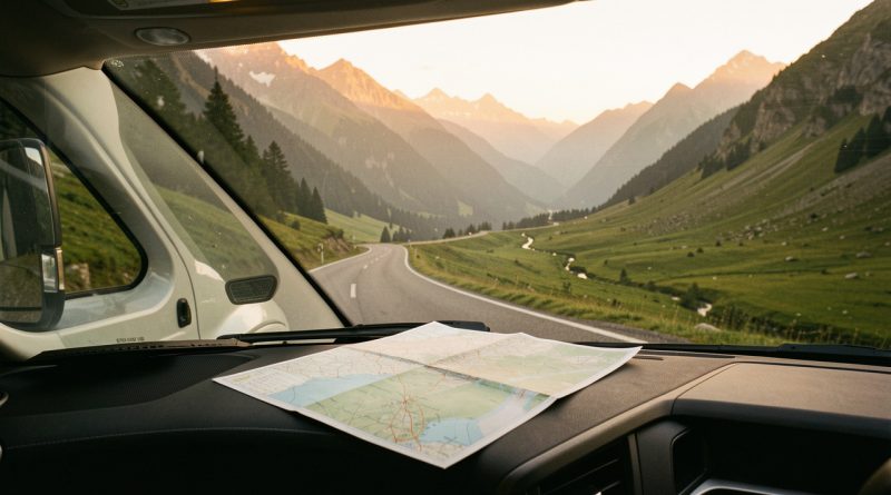 Camping-car moderne sur une route panoramique avec une carte pliée au premier plan, devant un paysage naturel éclairé par le soleil levant.