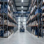 Comment sécuriser l’intralogistique de défense pour le MCO selon EN 528 ? Entrepôt logistique de défense automatisé avec de très hauts rayonnages métalliques et un transtockeur dans une allée sécurisée, éclairé par une lumière industrielle nette.