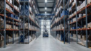 Entrepôt logistique de défense automatisé avec de très hauts rayonnages métalliques et un transtockeur dans une allée sécurisée, éclairé par une lumière industrielle nette.