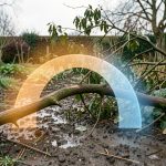Quelle zone de coupe choisir pour une branche sous tension à la tronçonneuse ? Jardin réaliste après une tempête, avec une branche courbée posée au sol et une représentation visuelle discrète de la compression à l’intérieur de l’arc et de la tension à l’extérieur.