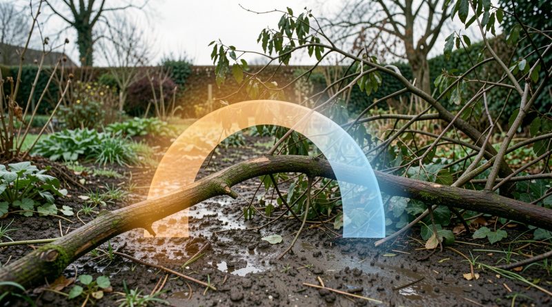 Jardin réaliste après une tempête, avec une branche courbée posée au sol et une représentation visuelle discrète de la compression à l’intérieur de l’arc et de la tension à l’extérieur.