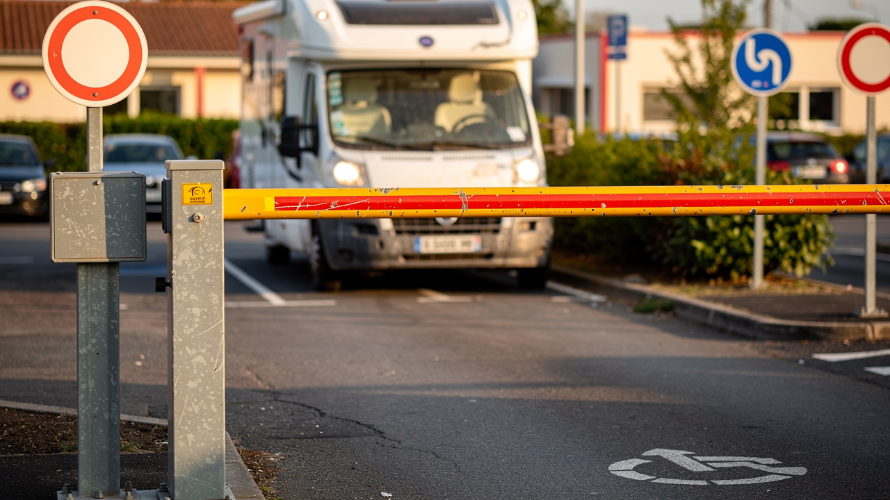 Gros plan sur un portique de limitation de hauteur à l’entrée d’un parking, avec un camping-car arrêté avant la barre dans une ambiance de voyage.