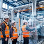 Quelle IA choisir pour sécuriser les sites industriels selon Shivani Shah ? Vue réaliste d’un site industriel moderne en acier bleuté, avec trois opérateurs portant des casques et des gilets orange, et une discrète surimpression 3D représentant un jumeau numérique des équipements.