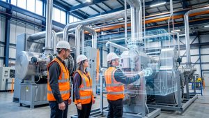 Vue réaliste d’un site industriel moderne en acier bleuté, avec trois opérateurs portant des casques et des gilets orange, et une discrète surimpression 3D représentant un jumeau numérique des équipements.