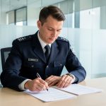 Quel recours choisir : référé-suspension après un refus CNAPS disproportionné ? Agent de sécurité en uniforme examinant deux documents vierges sur un bureau lumineux, dans une ambiance sobre et professionnelle.