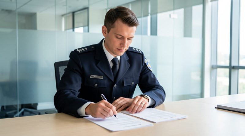 Agent de sécurité en uniforme examinant deux documents vierges sur un bureau lumineux, dans une ambiance sobre et professionnelle.