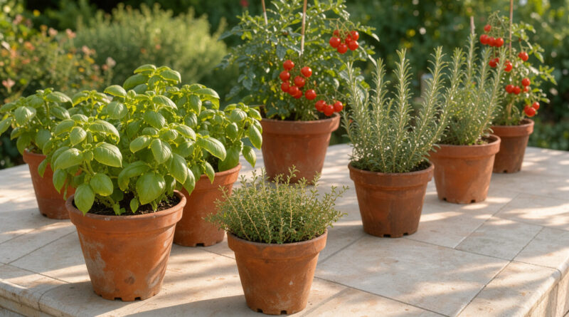 Jardin privé lumineux et soigneusement aménagé, avec des pots de basilic, de thym, de romarin et de tomates cerises dans une ambiance naturelle.