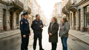 Rue de Tbilissi au petit matin, avec deux policiers en uniforme échangeant calmement avec deux habitants dans une ambiance lumineuse et sobre.